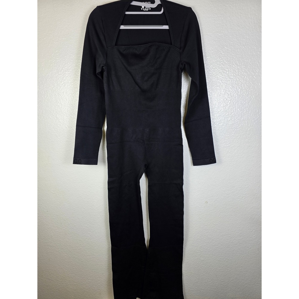OQQ Womens Black Ribbed Long Sleeve Jumpsuit Cutout Square Neck Large